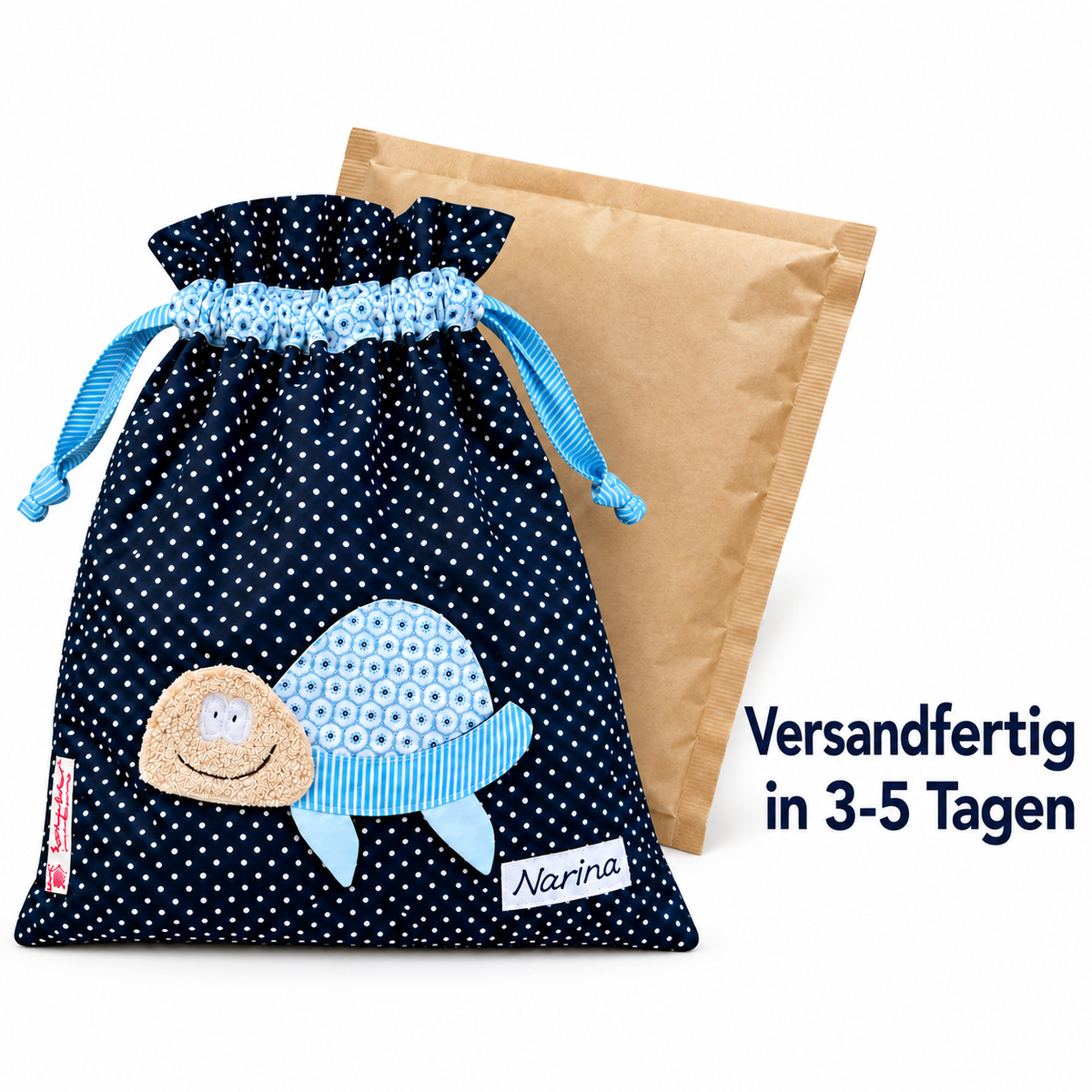 Personalisierte Nasstasche mit Schildkröte – Wetbag in Blau