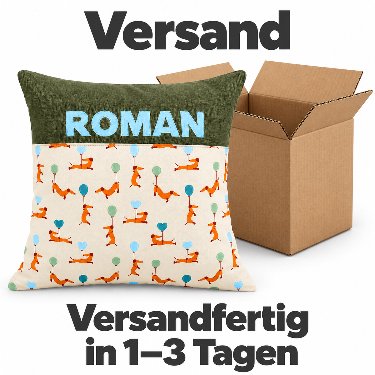 Dackelkissen mit Namen – personalisiertes Kinderkissen 40 × 40 cm