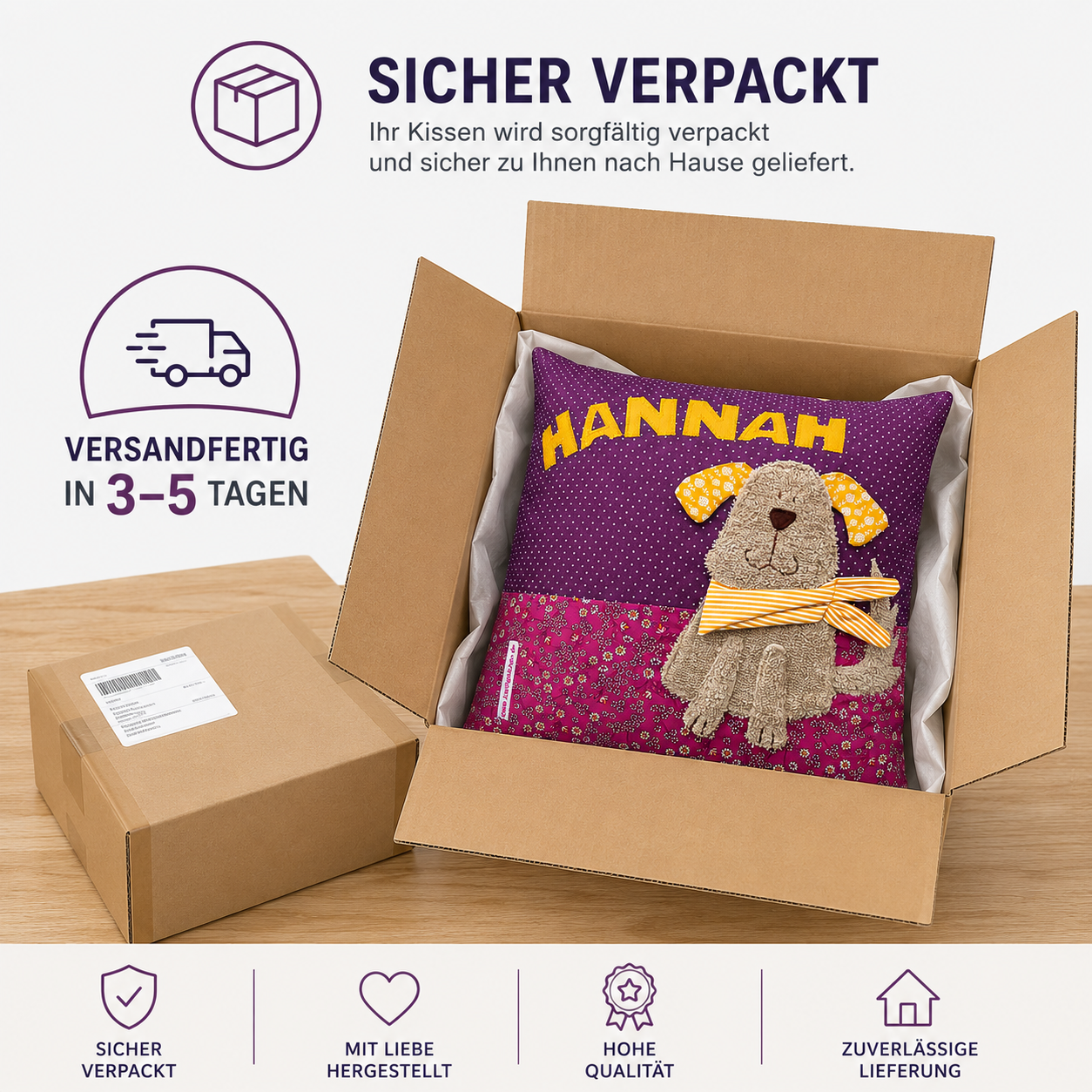 Kissen personalisiert Hund – Kinderkissen mit Namen | Handgemachtes Kuschelkissen 40x40 cm