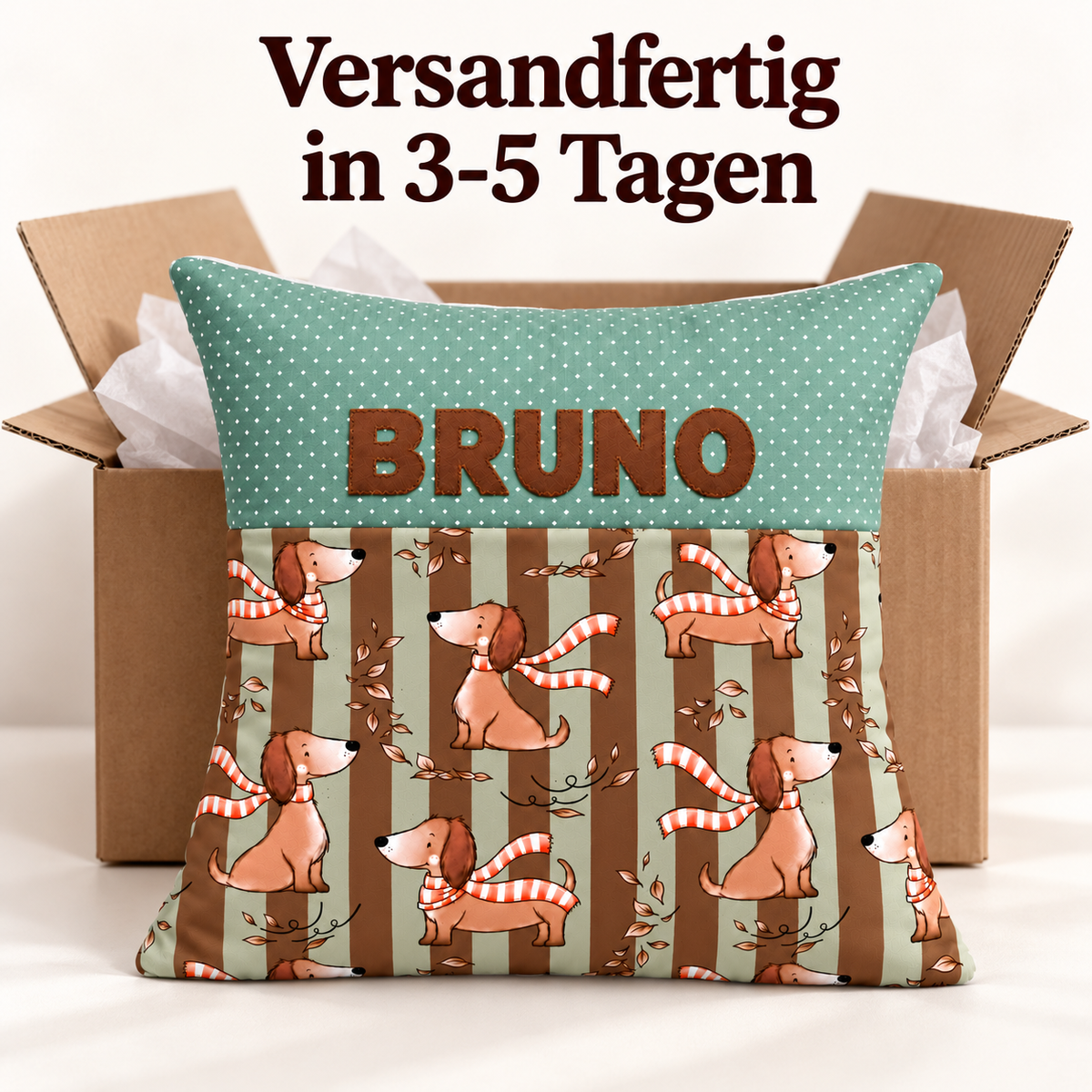Dackelkissen mit Namen – personalisiertes Kinderkissen 40×40 cm
