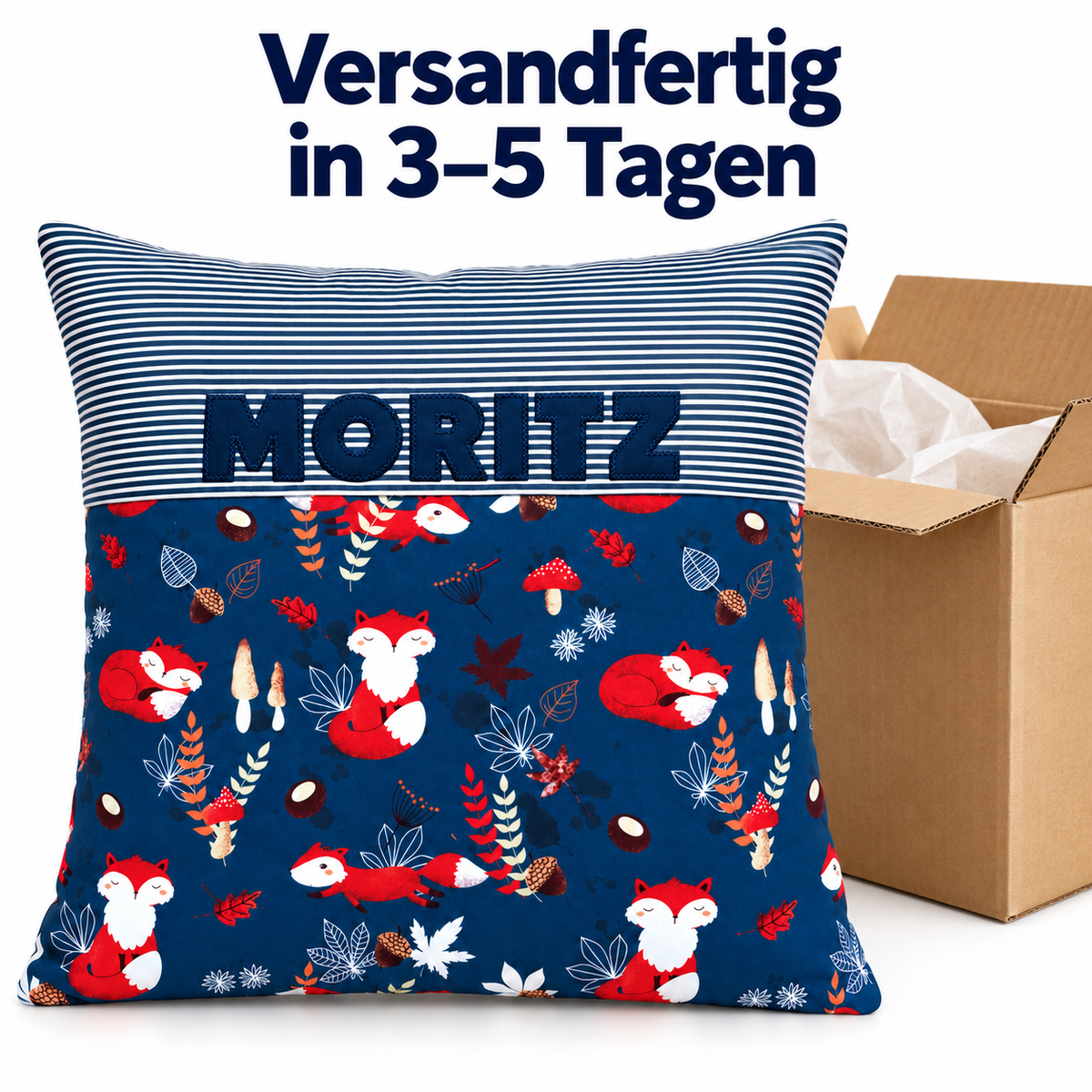 Kinderkissen Fuchs mit Namen – 40 × 40 cm