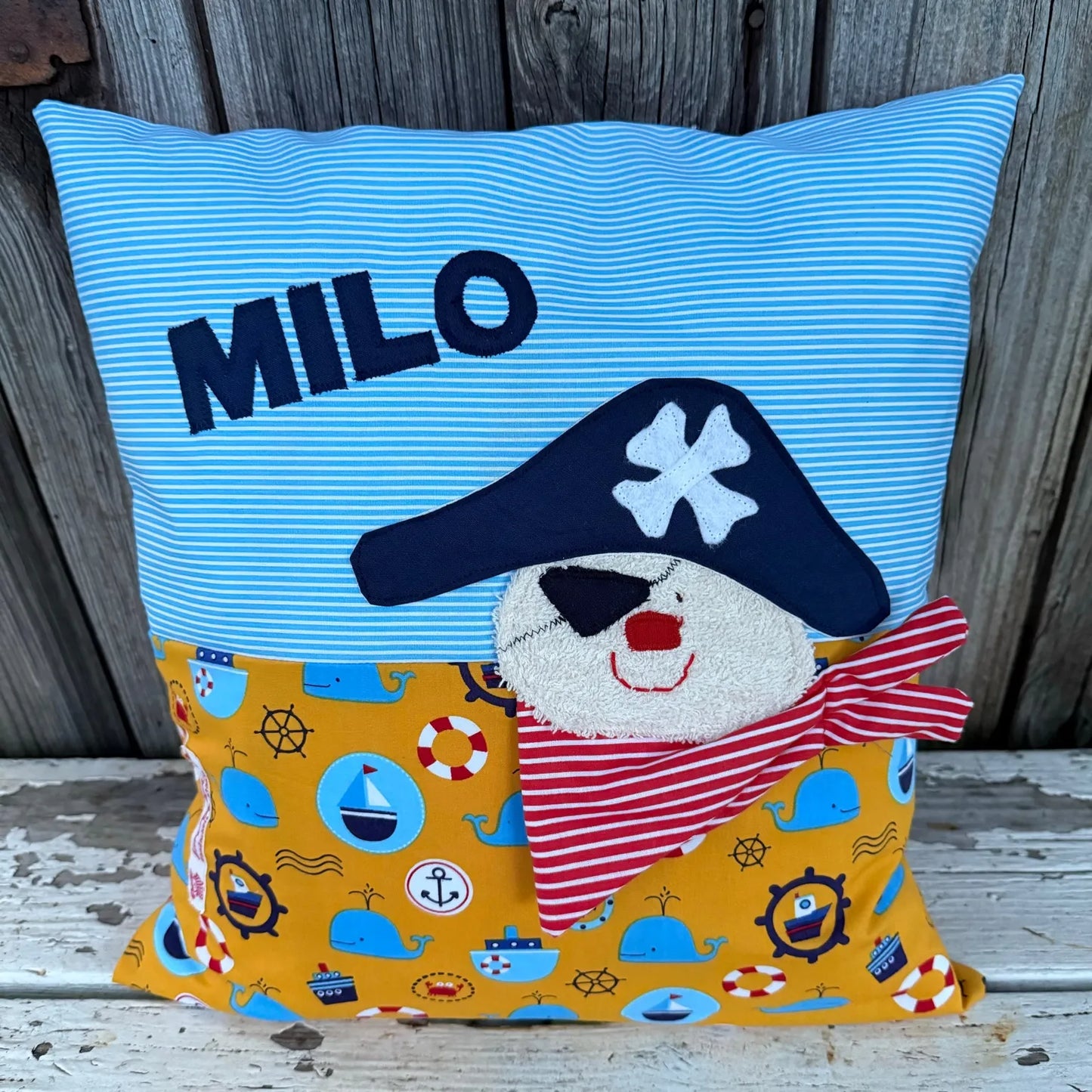 Geschenkset Pirat – Kissen & Wetbag personalisiert, Handmade