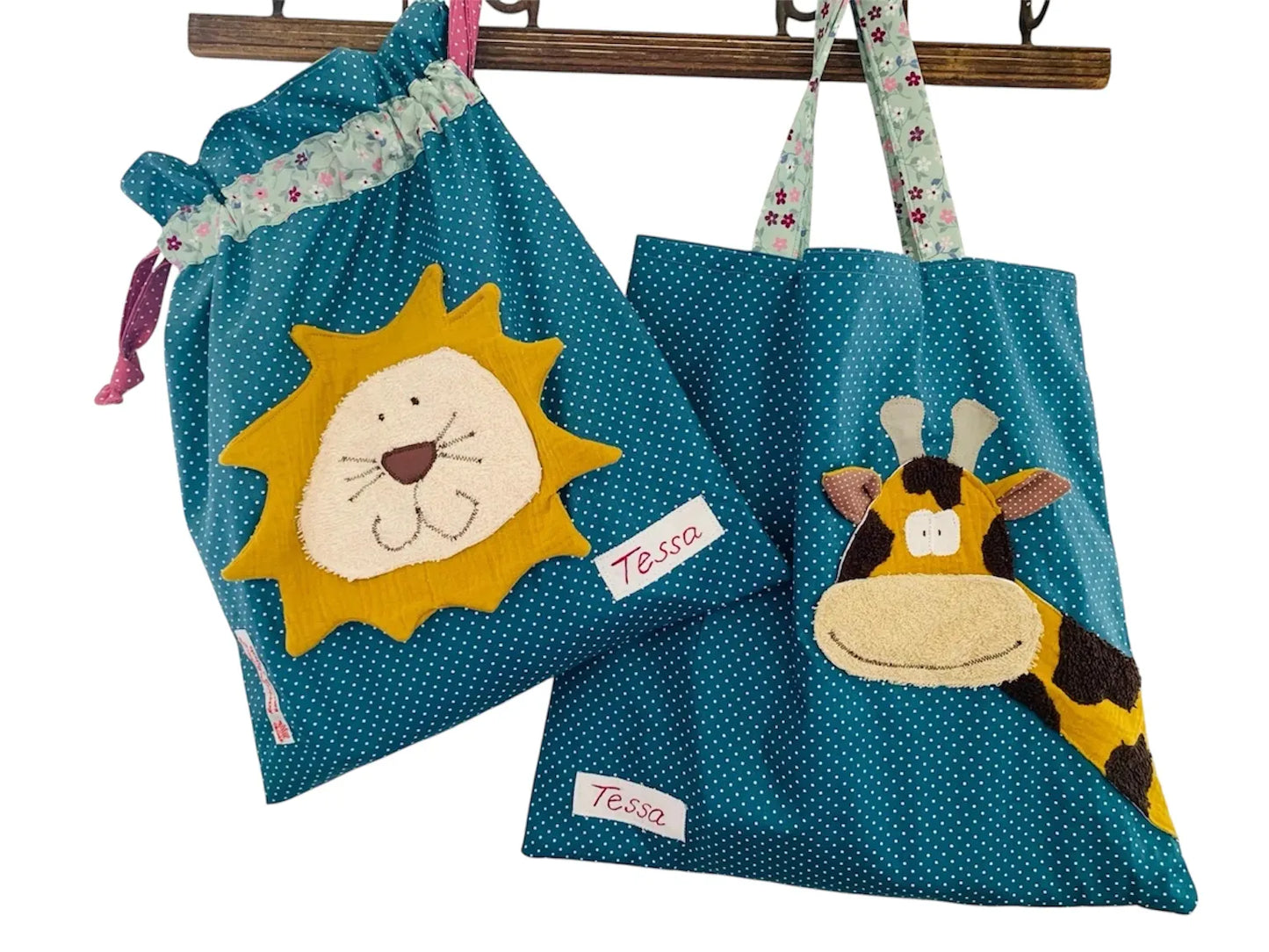 Kita-Set Löwe & Elefant – Wetbag + Garderobenbeutel | Handgemacht & personalisierbar