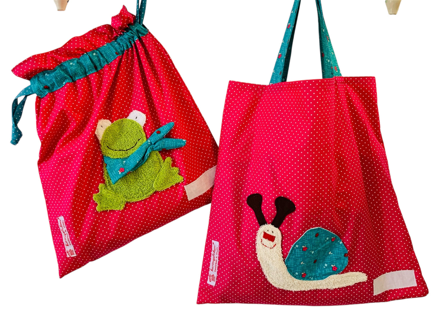 Kita-Set Frosch & Schnecke – Handgemachte Wetbag & Garderobenbeutel für Mädchen