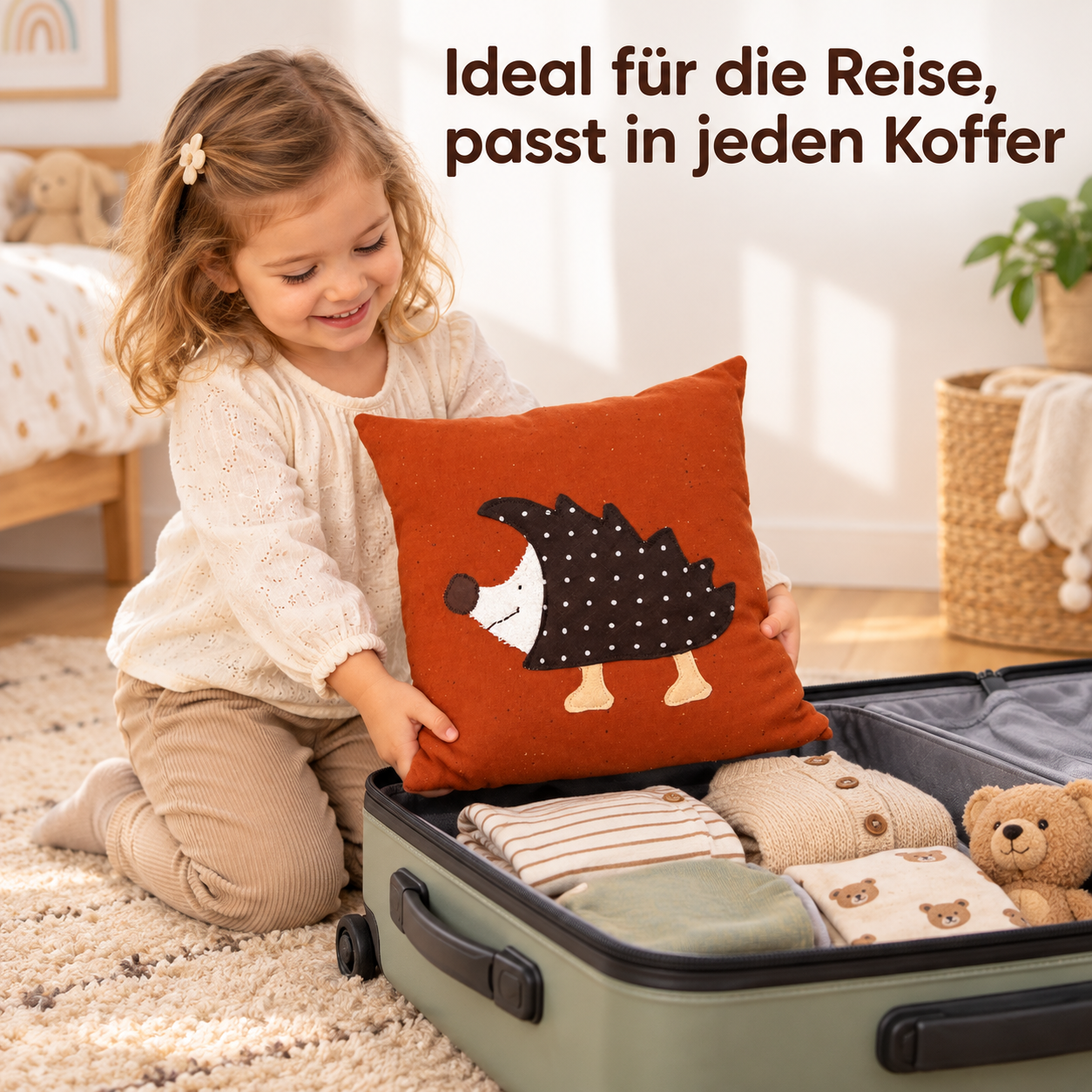 Reisekissen für Kinder mit Igel-Applikation – 30 × 30 cm