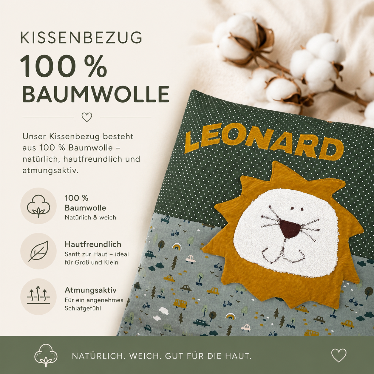 Personalisierte Kissen Löwe mit Namen dunkelgrün | Geschenk zur Geburt & Taufe