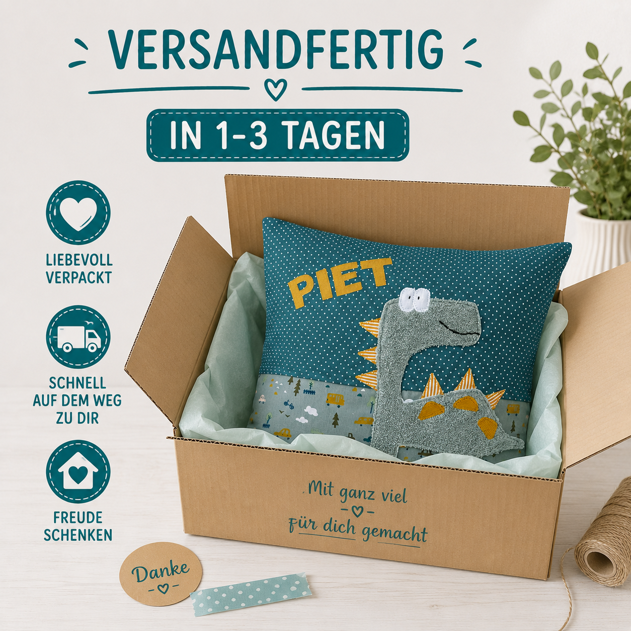 Dino Kuschelkissen für Jungen personalisiert mit Namen