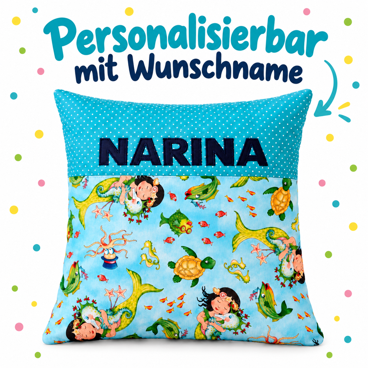 Meerjungfrau-Kissen mit Namen – personalisiert, 40 × 40 cm