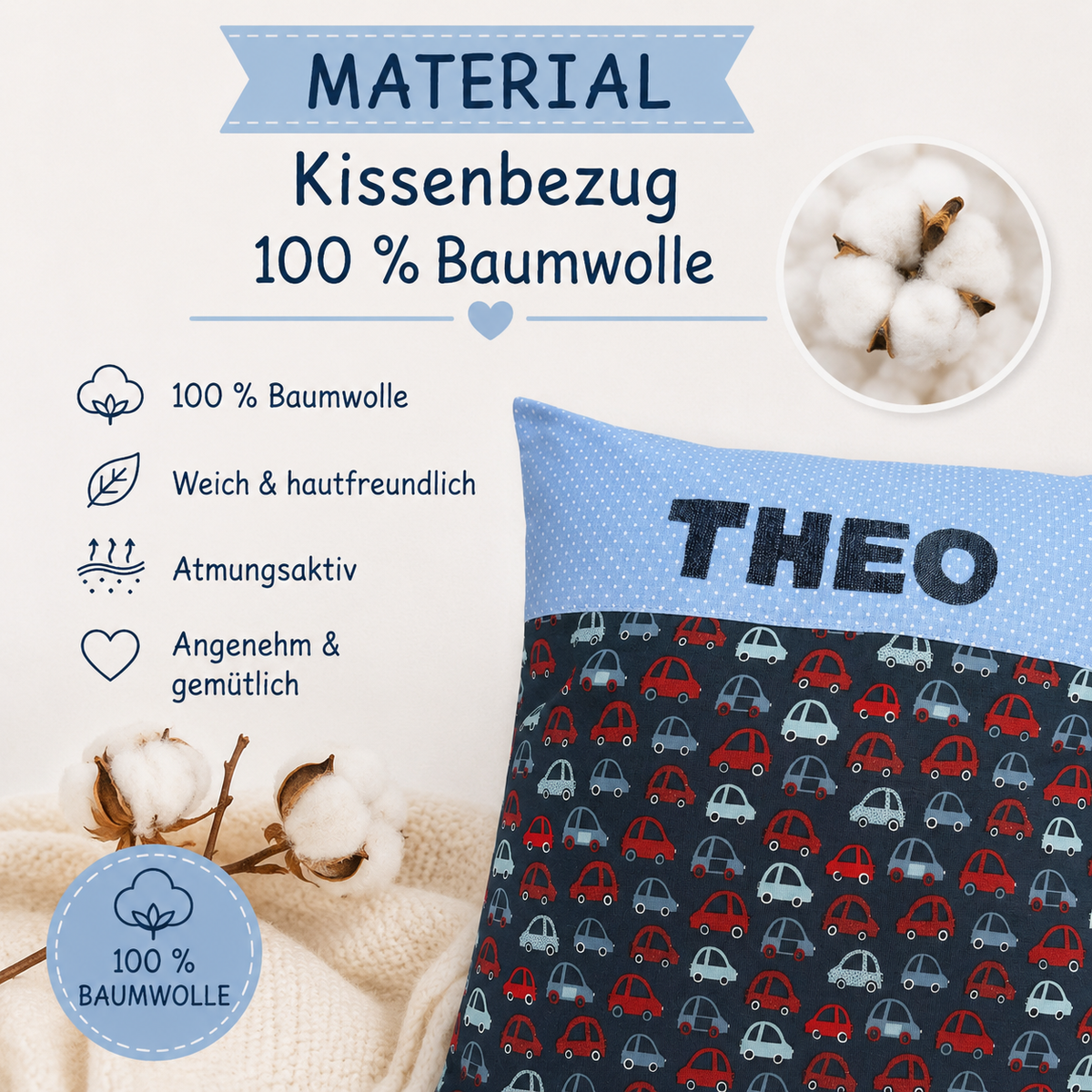Kissen mit Namen Autos – Personalisiertes Kinderkissen für Jungen 40x40 cm