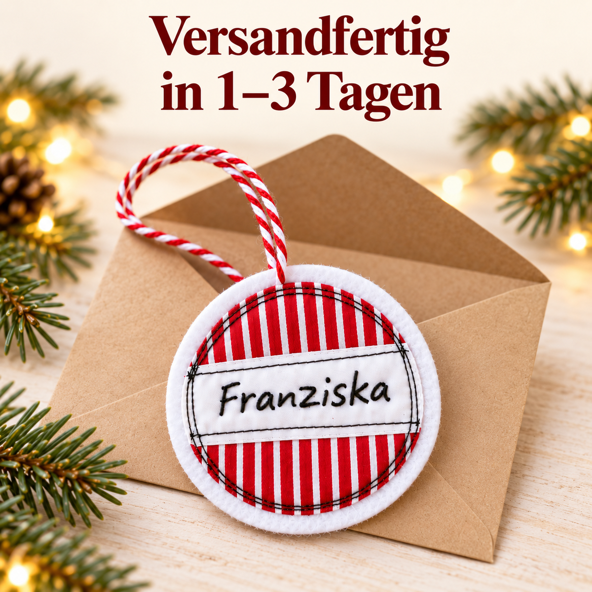 Personalisierter Weihnachtsanhänger mit Namen – Rot-Weiß