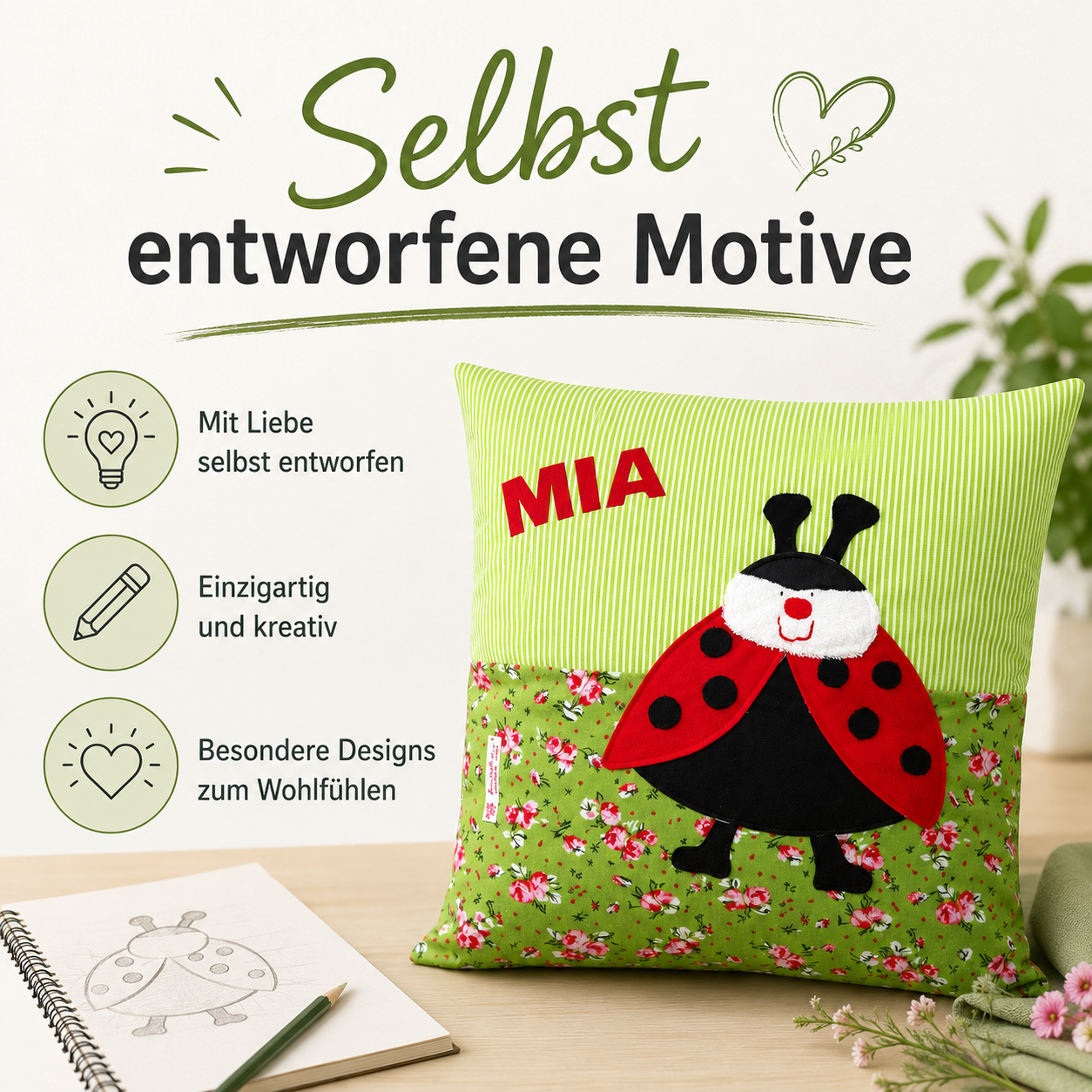 Kissen Marienkäfer personalisiert - Kinderkissen mit Namen
