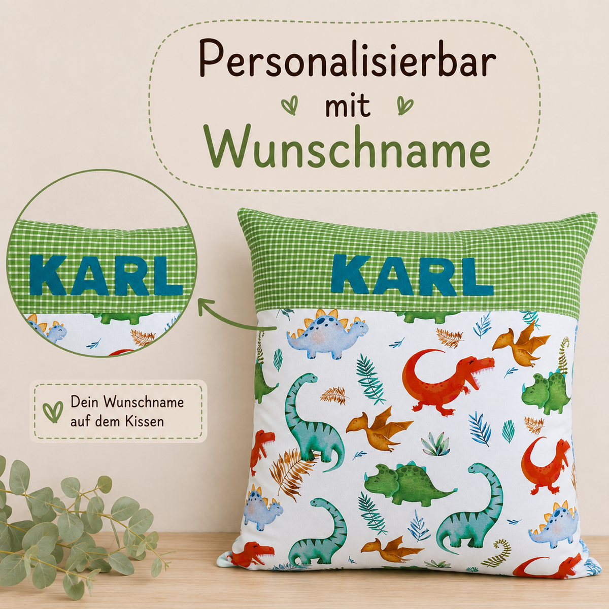 Kissen mit Namen Dino | Personalisiertes Kinderkissen 40x40 cm | Geschenk für Jungen