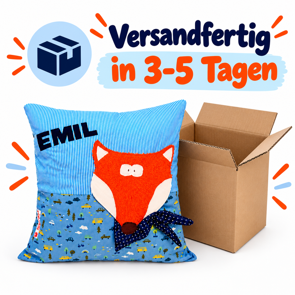 Fuchskissen mit Namen – personalisiertes Kinderkissen 40×40 cm