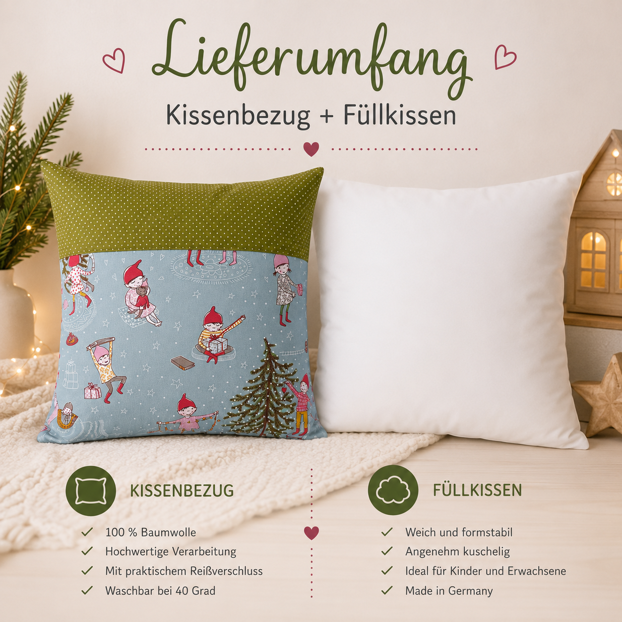 Kissen Weihnachten mit Wichteln – Handgemachte Weihnachtsdeko & liebevolles Weihnachtsgeschenk
