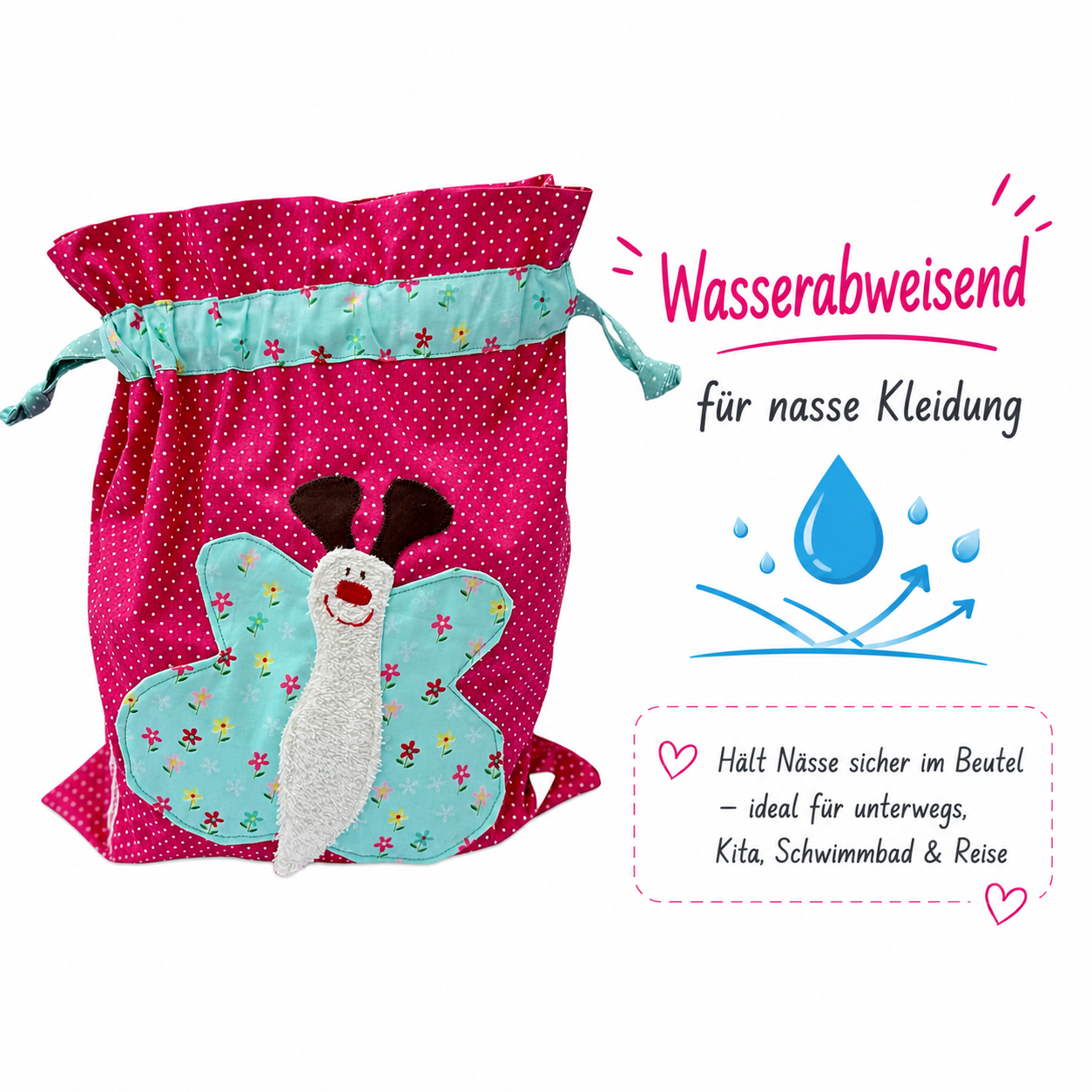 Nasstasche Schmetterling | Wetbag pink für Kita & Schwimmen | Geschenkideen erster Geburtstag