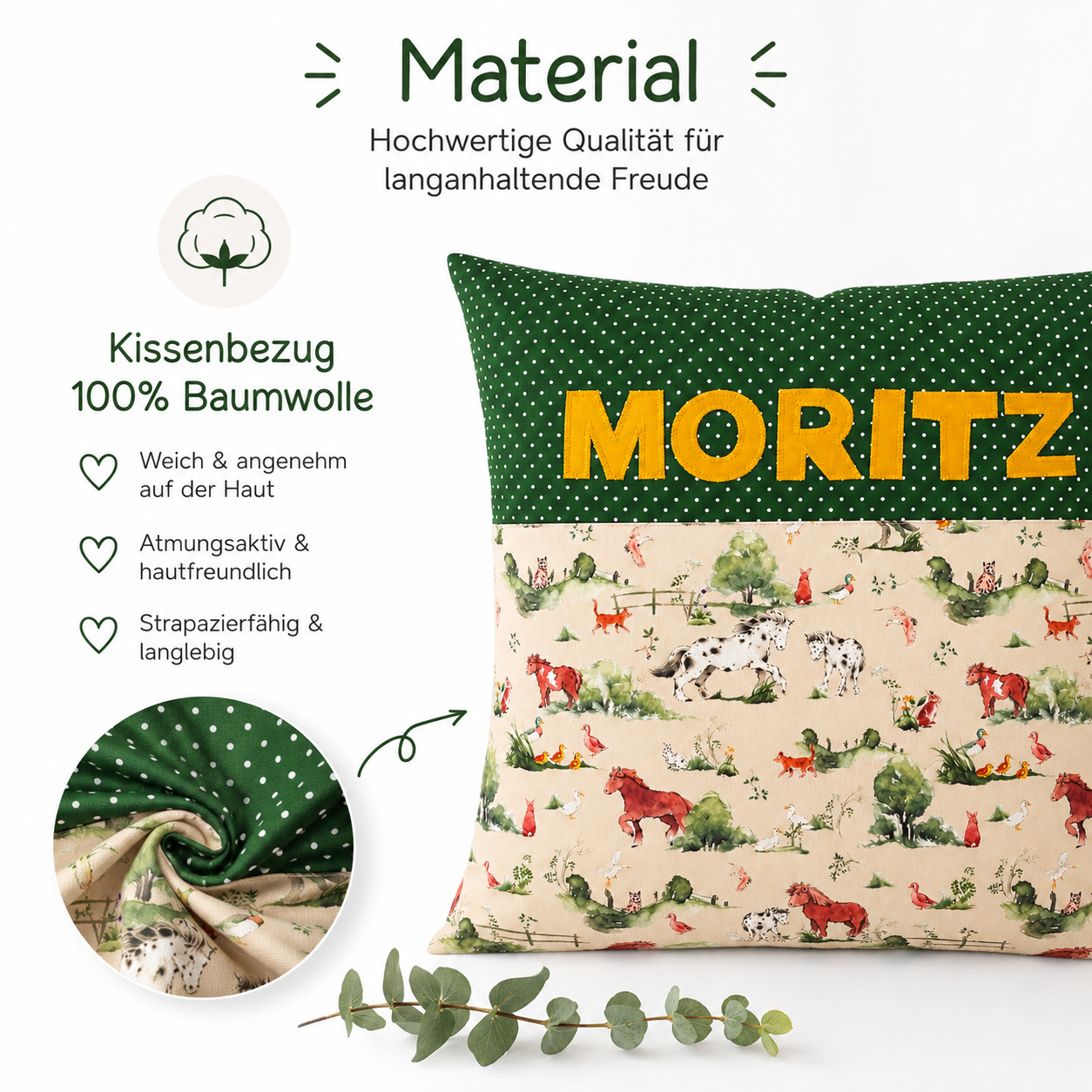 Pferdekissen für Kinder mit Namen – personalisiertes Kissen 40x40 cm