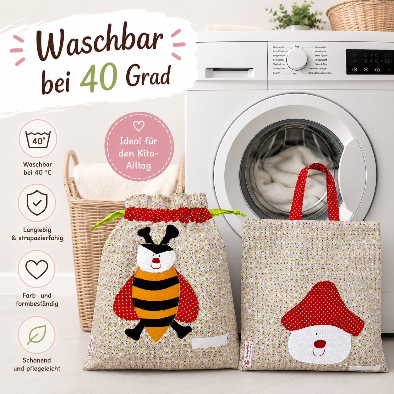 Wetbagset Mädchen Biene & Fliegenpilz – Nasstasche & Garderobenbeutel personalisierbar