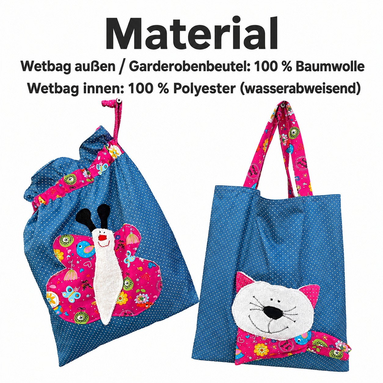 Kindergartenset für Mädchen – Nasstasche Schmetterling & Kindertasche Katze