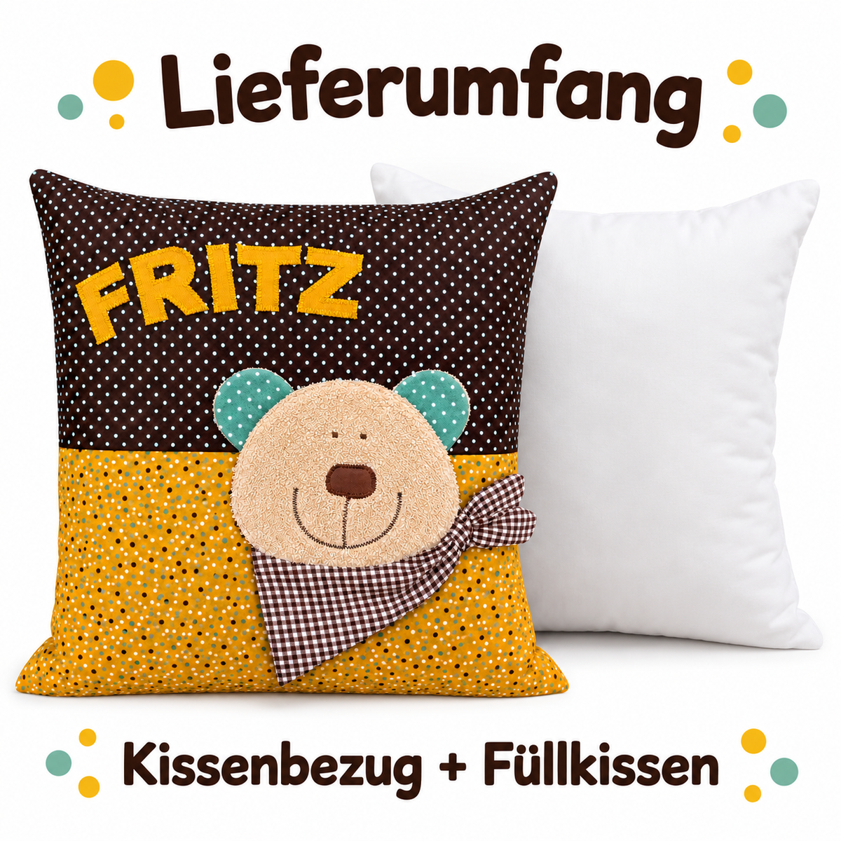 Bärenkissen mit Namen – personalisiertes Kissen Bär, 40 × 40 cm