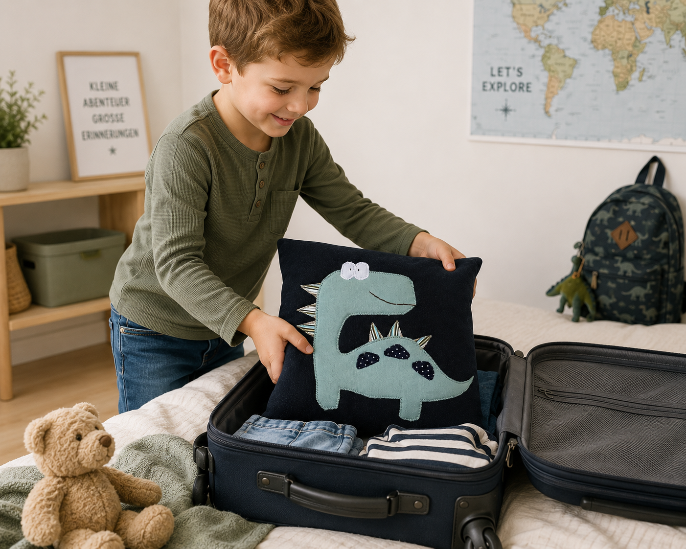 Reisekissen für Jungs Dino – Handgenähtes Dinokissen 30x30 cm | Sinnvolles Geschenk für 2-jährige Jungen