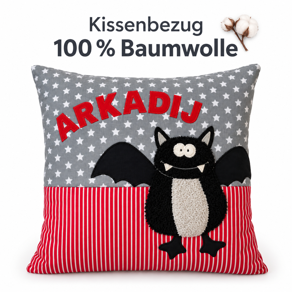 Personalisiertes Kinderkissen Fledermaus mit Namen – 40 × 40 cm
