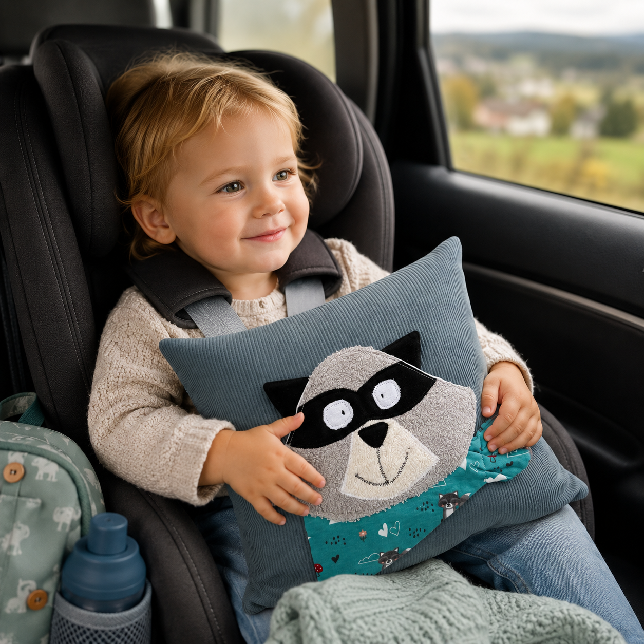 Reisekissen für Kinder Waschbär | Kissen 30x30 | Geschenk für Kindergartenstart
