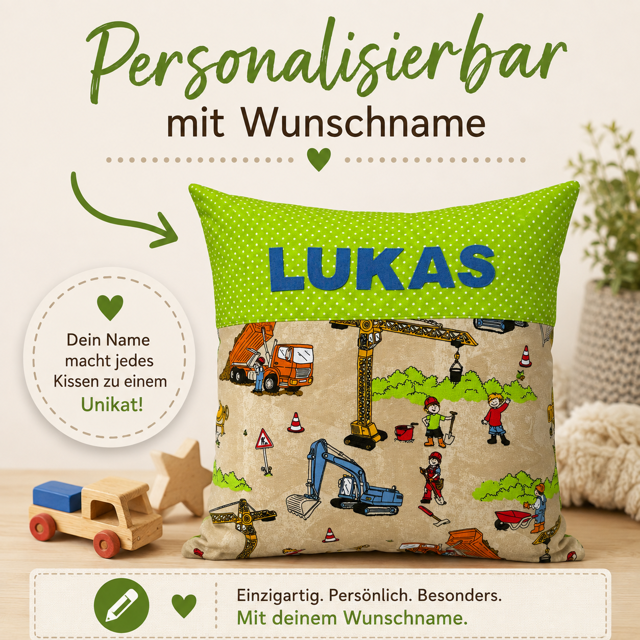Kissen Bagger mit Name – Personalisiertes Baustellenkissen für Kinder