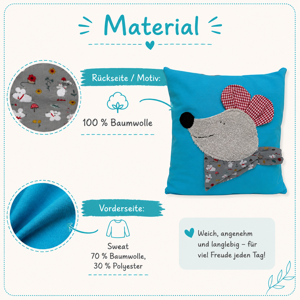 Reisekissen für Kinder Maus – Kuschelkissen 30x30 | Geschenk zur Geburt
