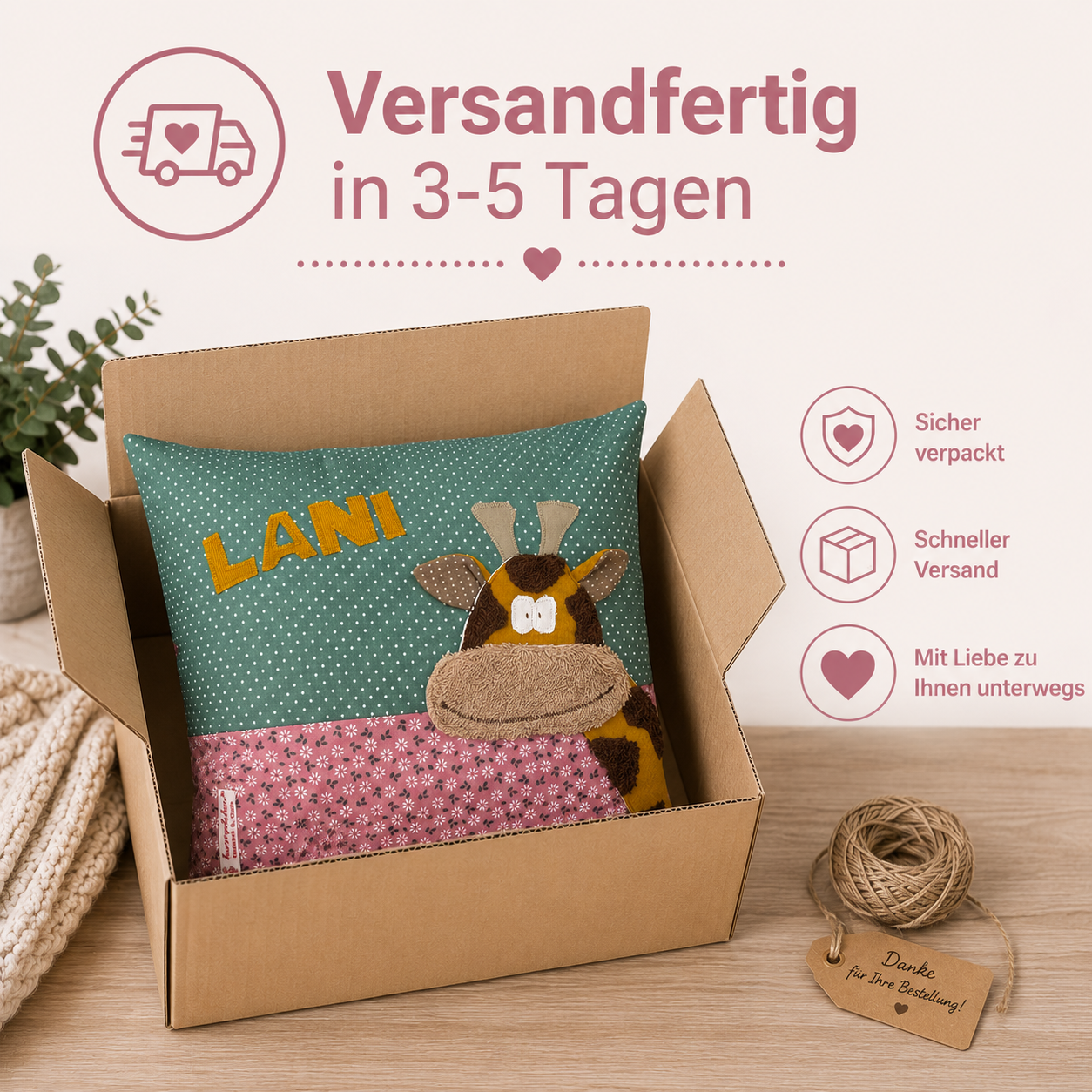 Kissen personalisiert mit Namen Giraffe | Personalisierte Geschenke Baby | Besonderes Geschenk zur Geburt