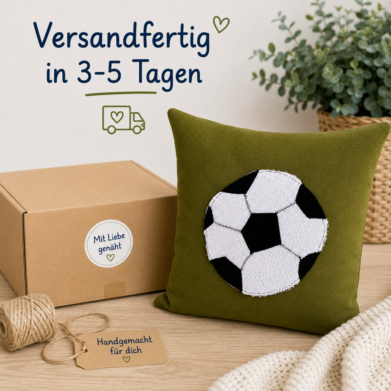 Reisekissen Fußball | KINDERKISSEN 30x30 für Auto & Urlaub | Handgefertigtes Fußballkissen