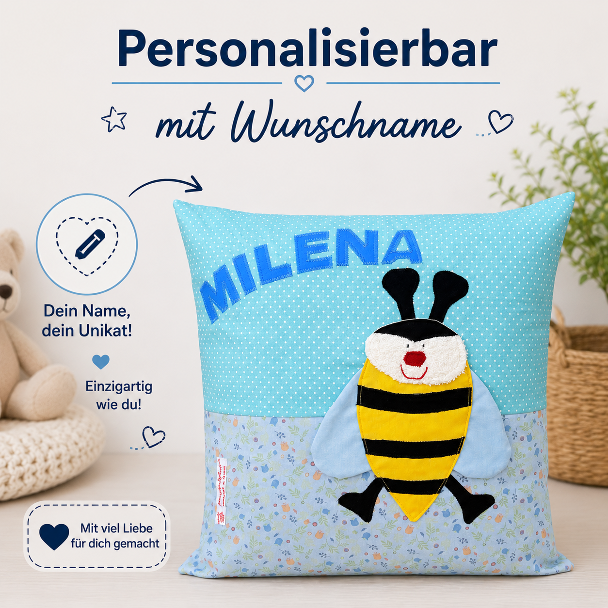 Kissen personalisiert mit Namen Biene | Handgemachtes Kinderkissen | Geschenk zum 1. Geburtstag