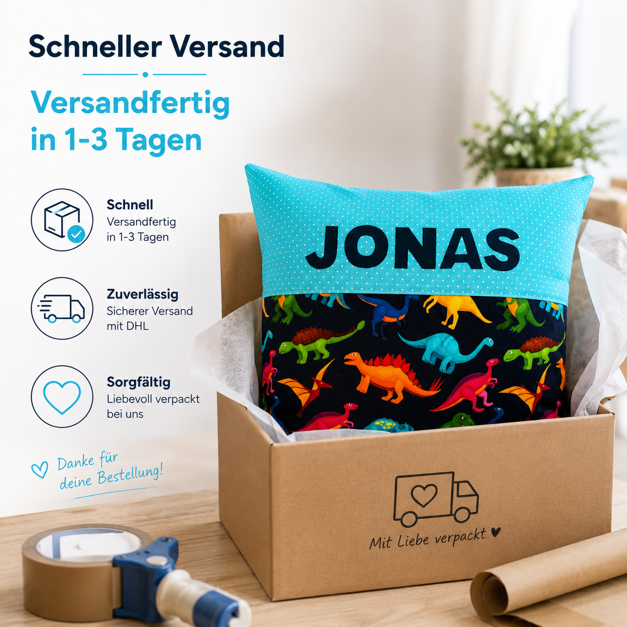 Kissen mit Namen Dino | Personalisiertes Kinderkissen 40x40 cm | Geschenk für Jungen