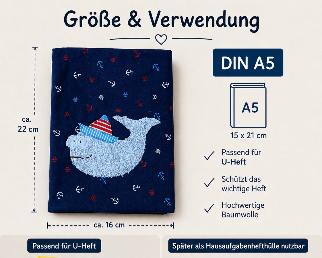 Handgemachte U-Heft-Hülle “Wal” – personalisierbar & maritim süß