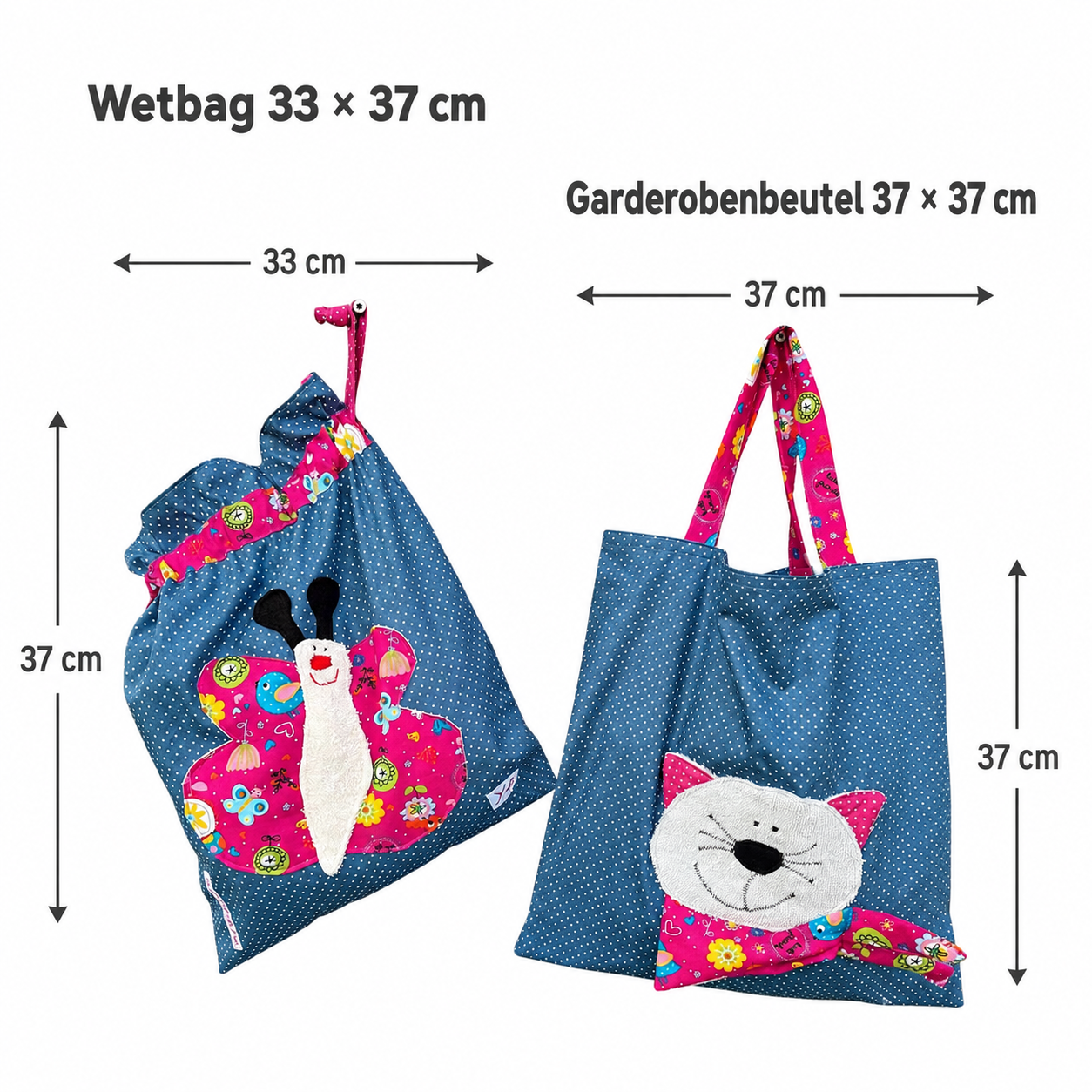 Kindergartenset für Mädchen – Nasstasche Schmetterling & Kindertasche Katze