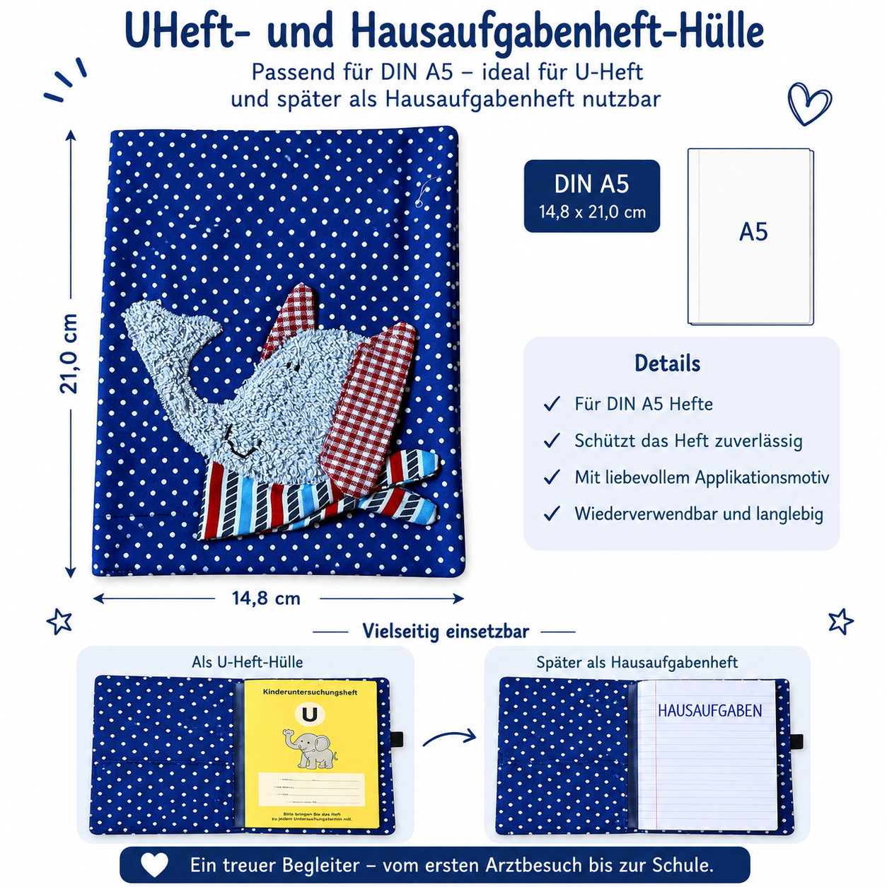 U-Heft Hülle Elefant royalblau | Personalisiertes Babygeschenk Junge