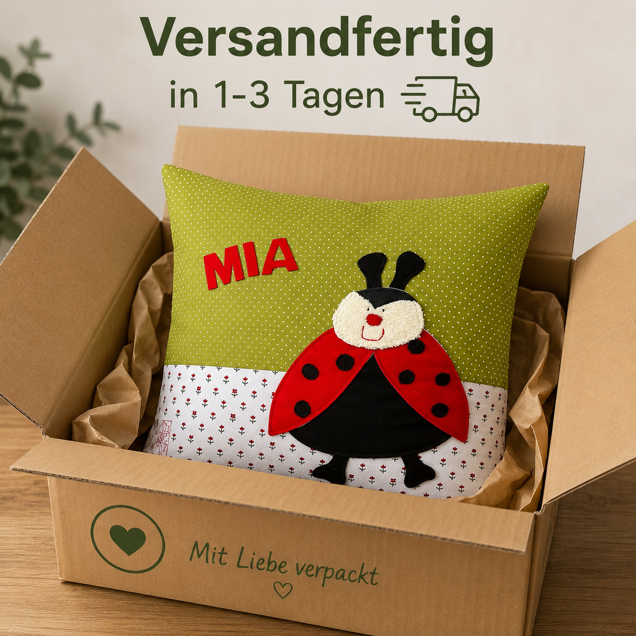 Kissen Marienkäfer personalisiert- Geschenk zur Geburt und Taufe| Handmade