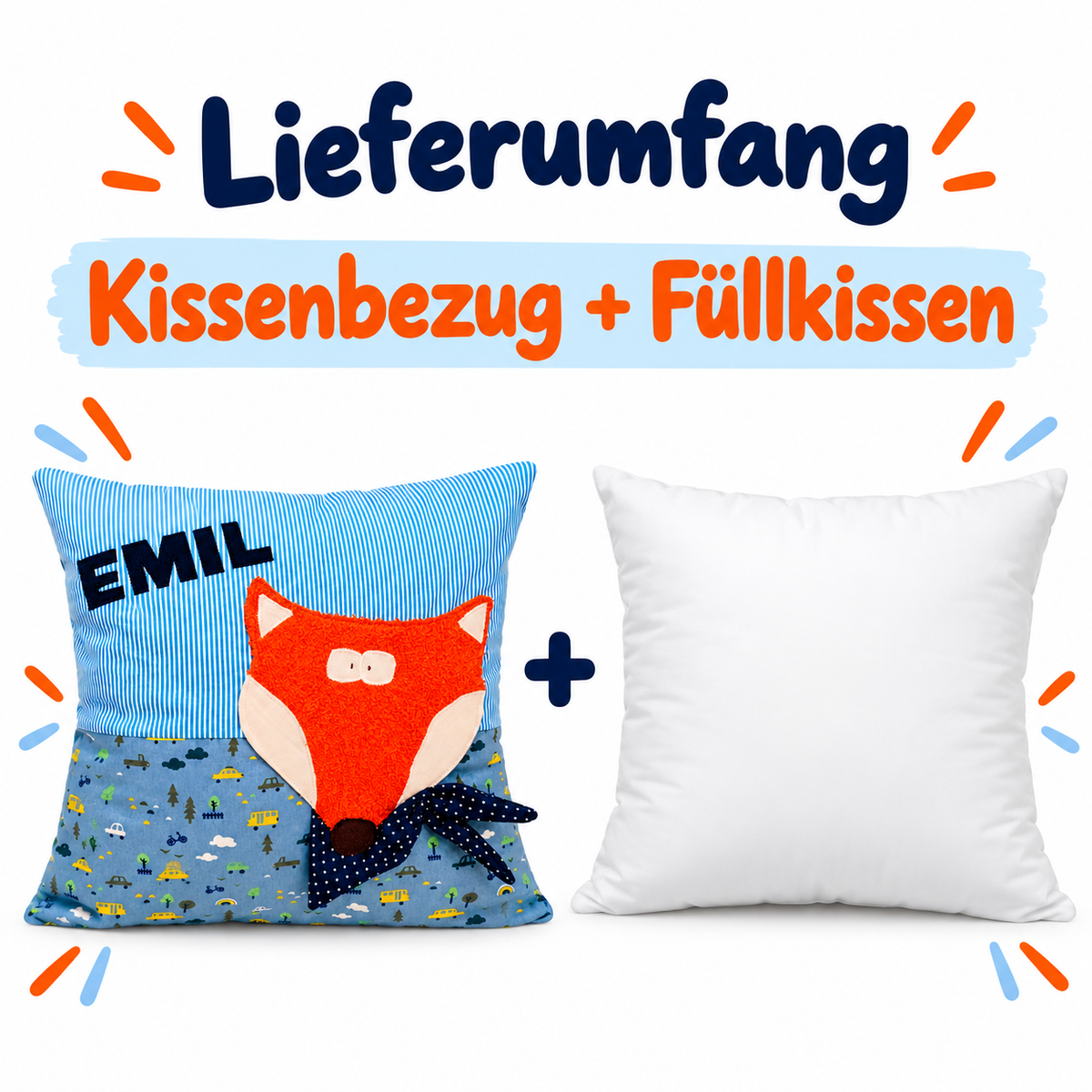 Fuchskissen mit Namen – personalisiertes Kinderkissen 40×40 cm