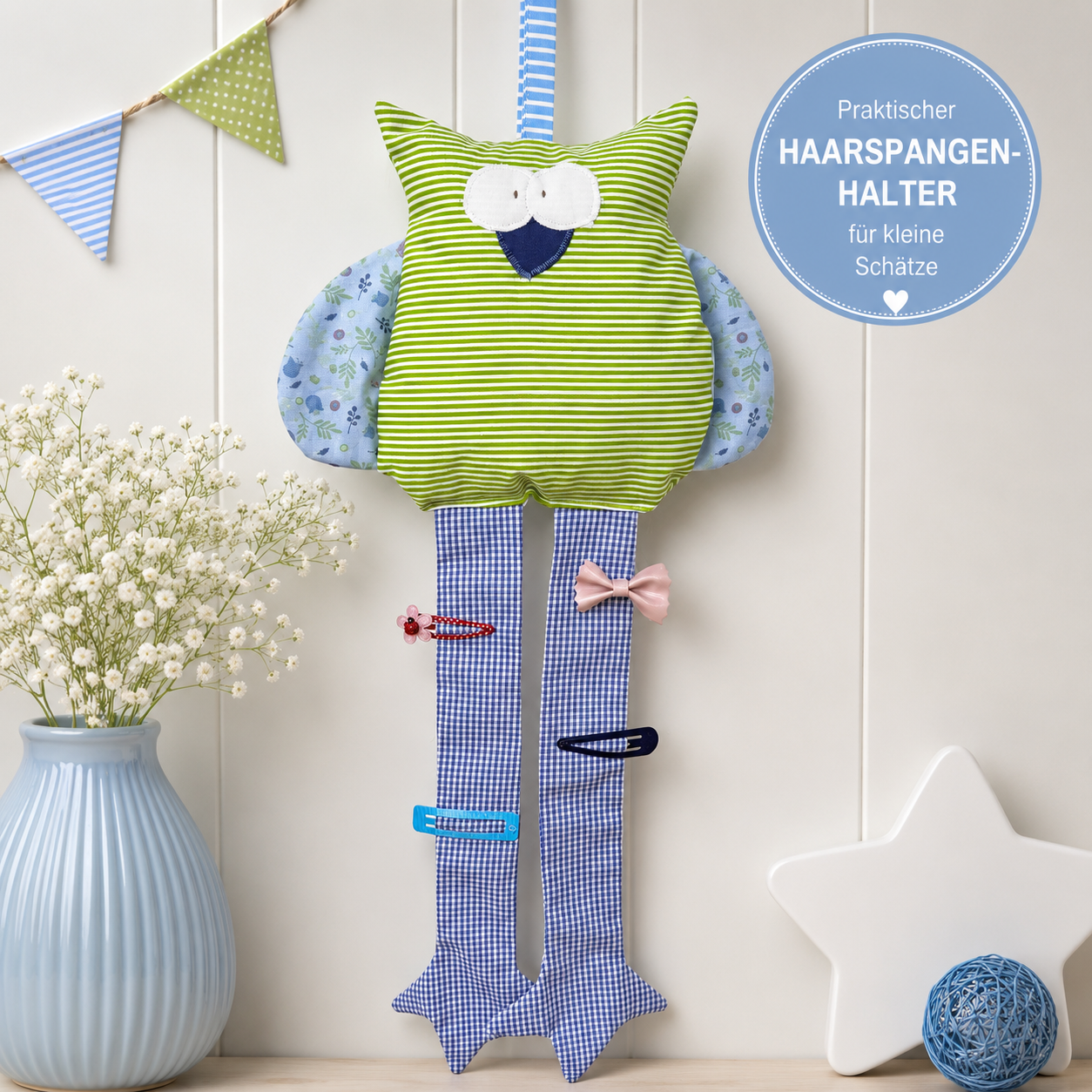 Haarspangenhalter Eule grün – Handmade & dekorativ für Kinderzimmer