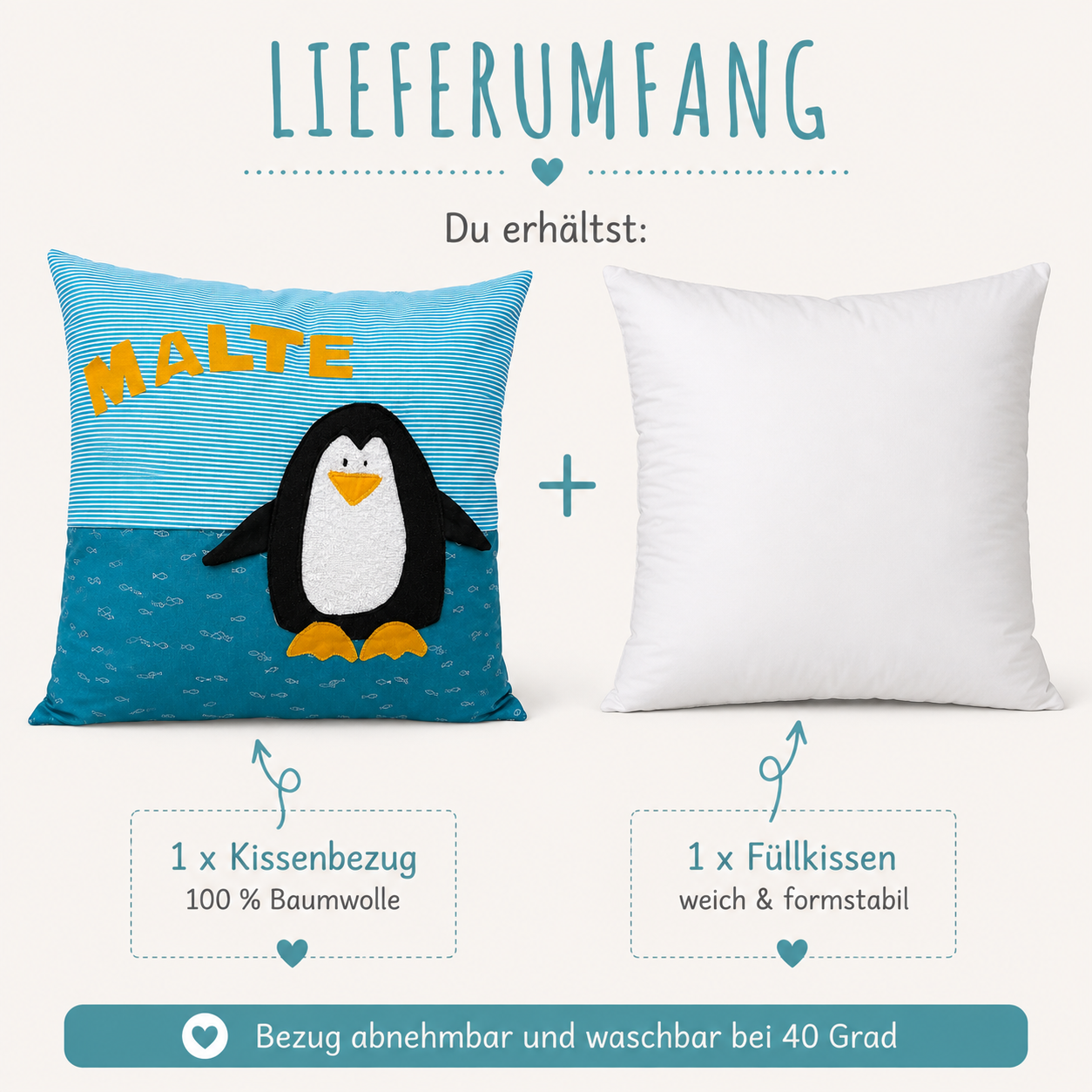 Kissen Pinguin personalisiert | Weihnachtsgeschenk Kind | Karingelchen