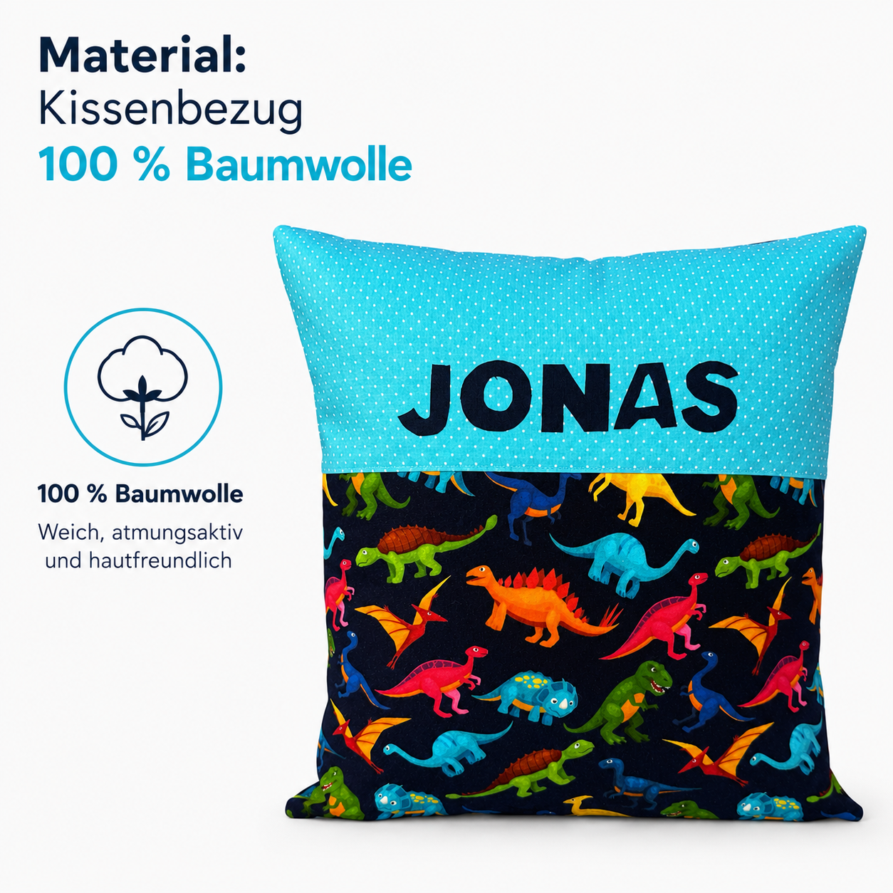 Kissen mit Namen Dino | Personalisiertes Kinderkissen 40x40 cm | Geschenk für Jungen