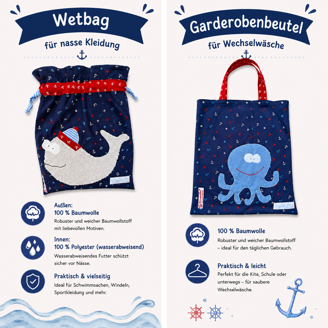 Wetbagset Wal & Tintenfisch | KitaSet mit Wetbag & Garderobenbeutel | personalisierbar