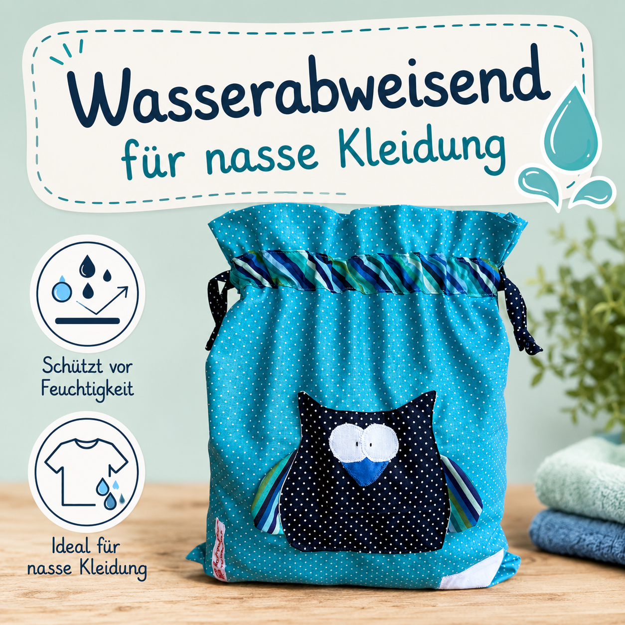 Wetbag Eule personalisiert – Wasserabweisende Nasstasche für Kita & Schwimmen
