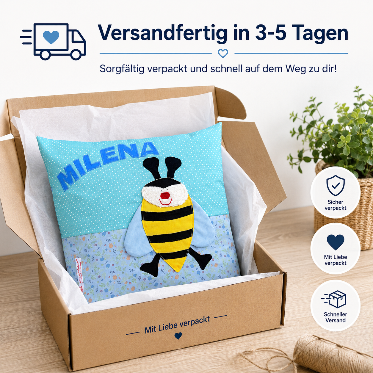 Kissen personalisiert mit Namen Biene | Handgemachtes Kinderkissen | Geschenk zum 1. Geburtstag
