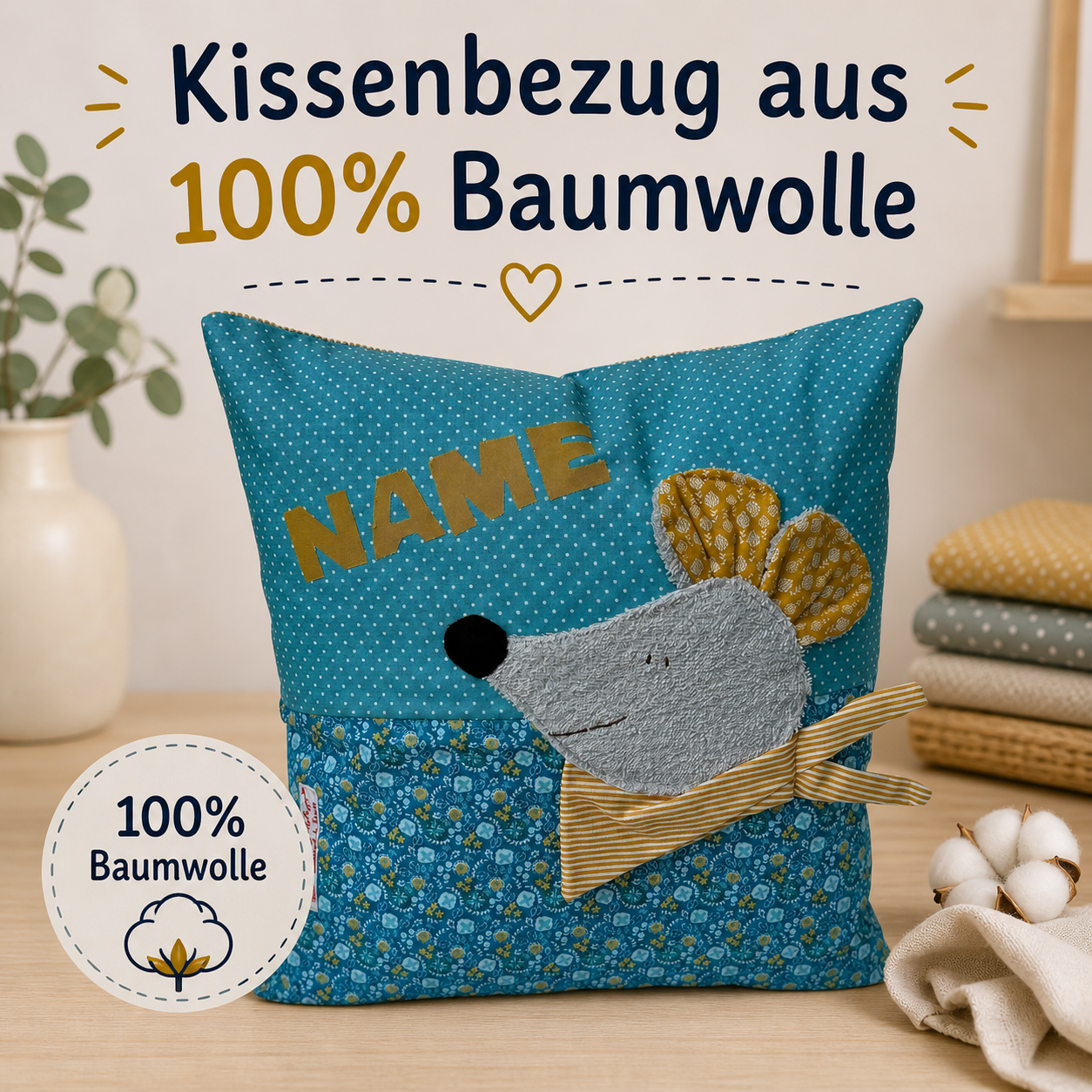 Kinderkissen Maus personalisiert mit Namen – Kuschelkissen für Kinder