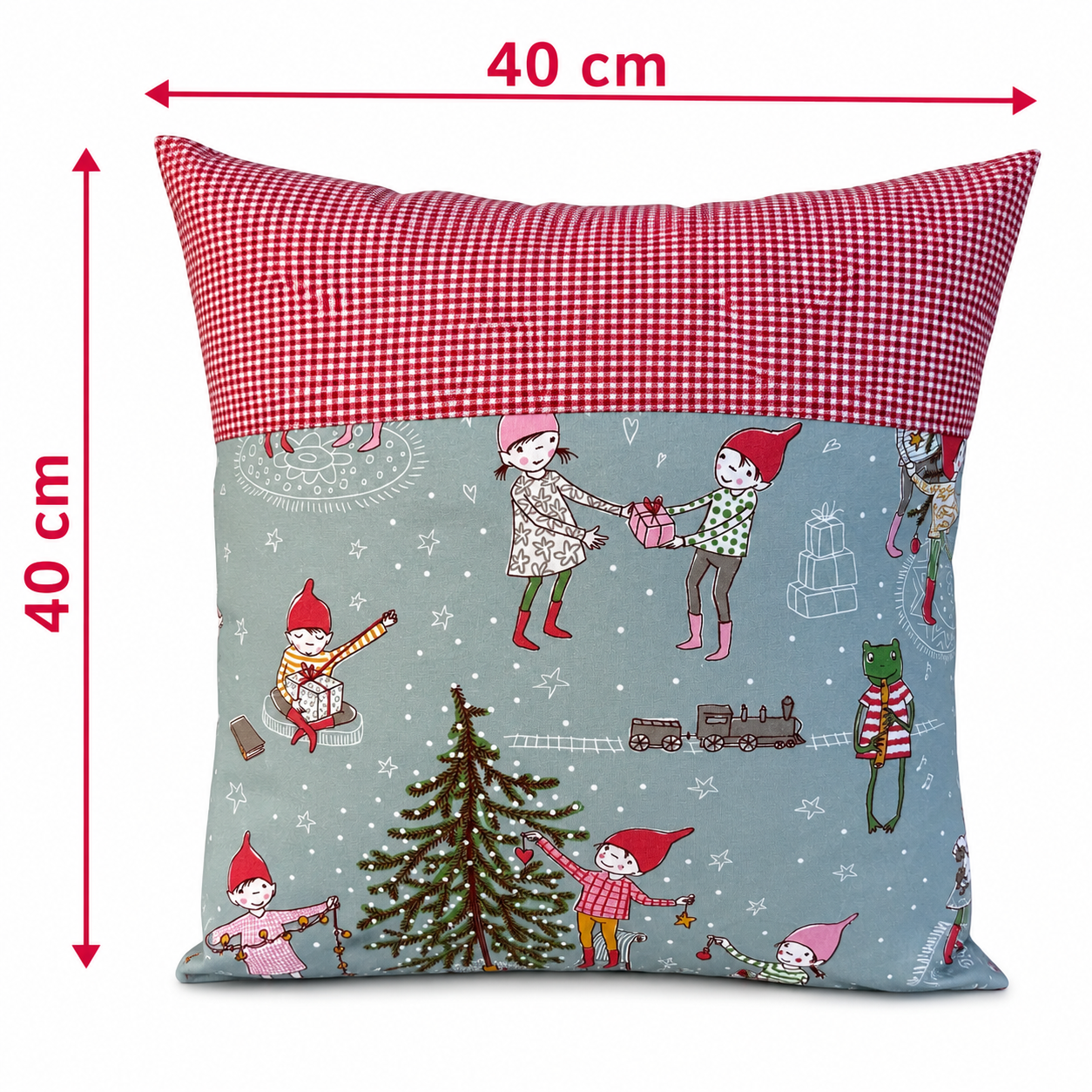 Weihnachtskissen Wichtel 40x40 cm | Handgenähtes Dekokissen aus Baumwolle
