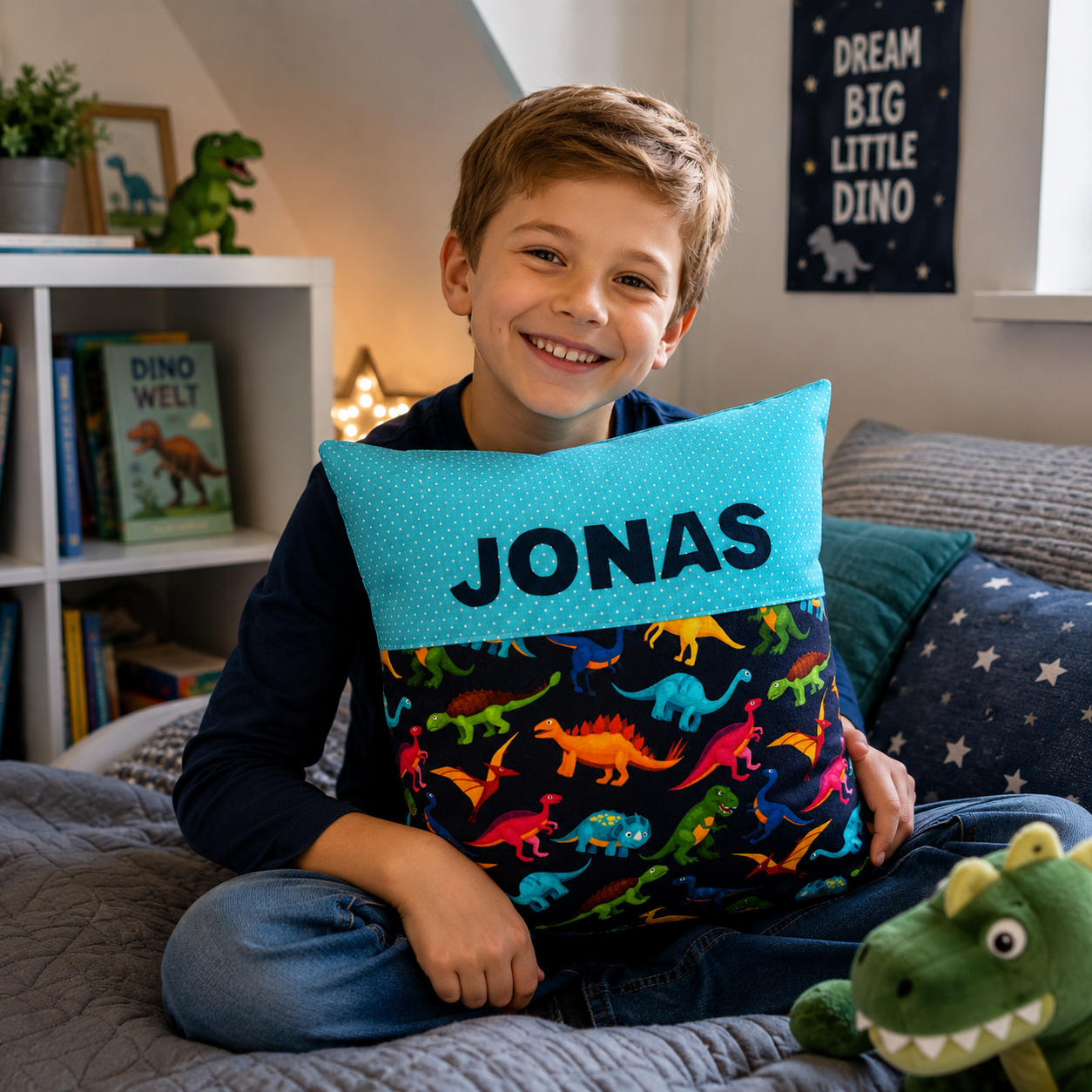 Kissen mit Namen Dino | Personalisiertes Kinderkissen 40x40 cm | Geschenk für Jungen