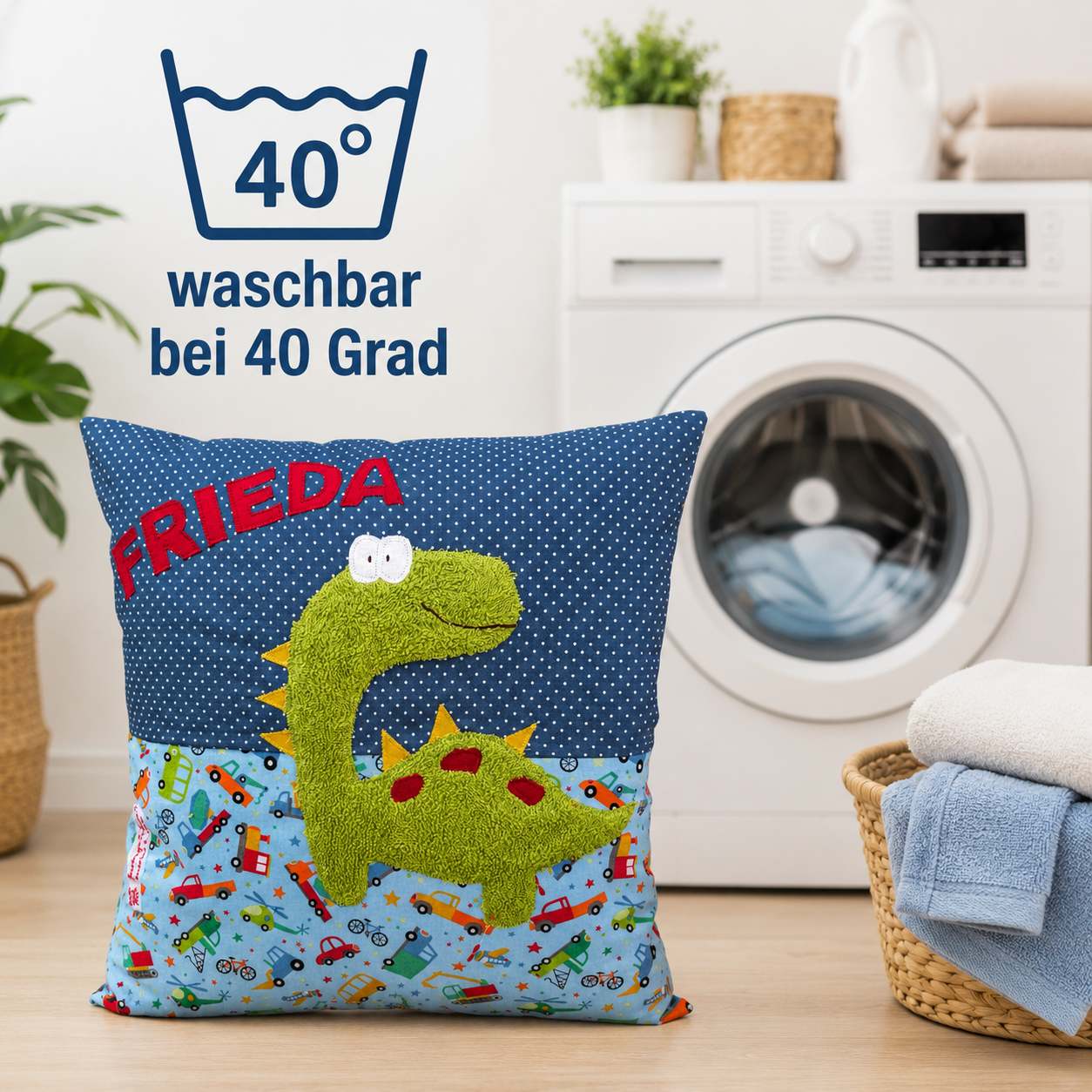 Personalisiertes Kinderkissen Dino mit Namen - handmade Geschenk zur Geburt & Taufe