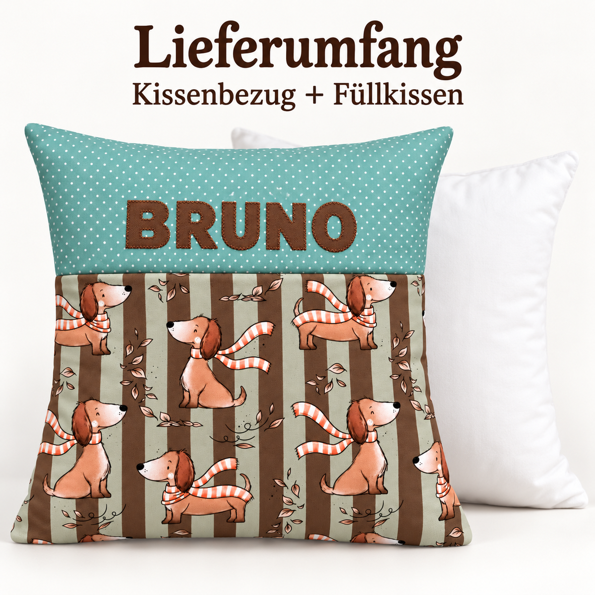 Dackelkissen mit Namen – personalisiertes Kinderkissen 40×40 cm