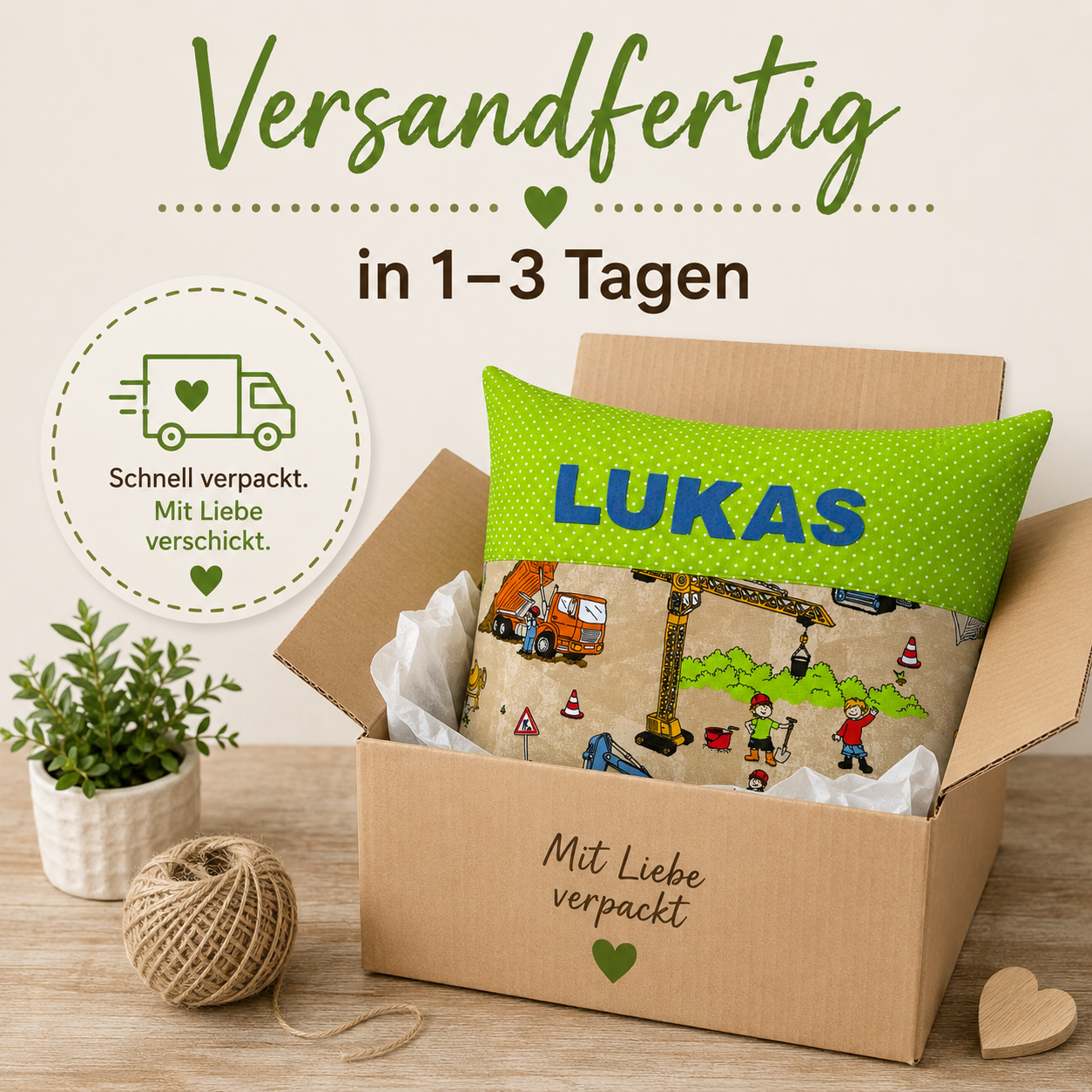 Kissen Bagger mit Name – Personalisiertes Baustellenkissen für Kinder