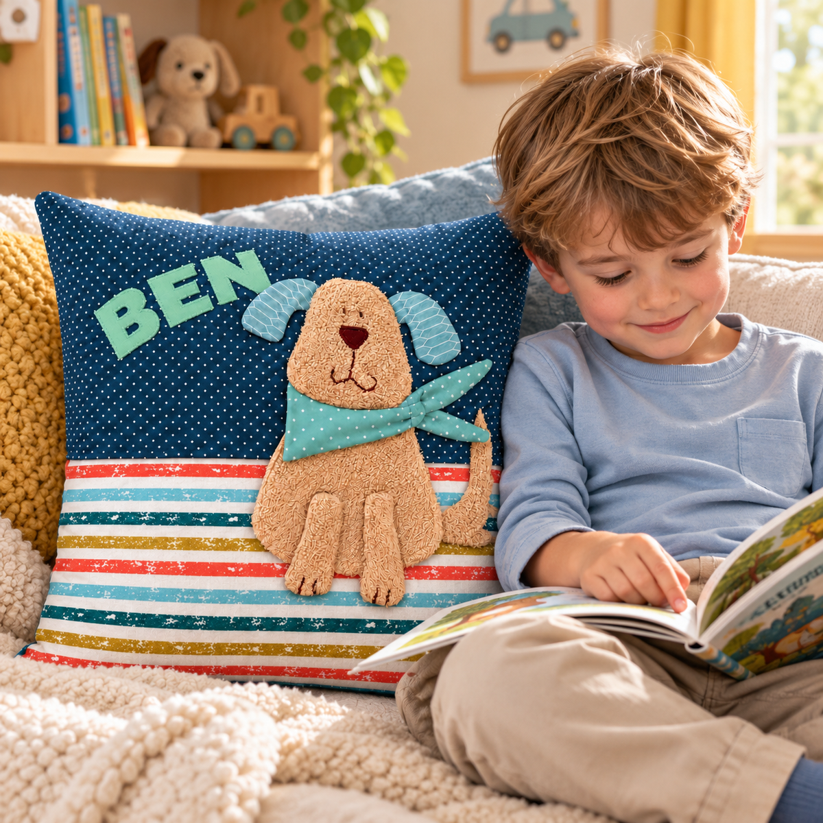 Kinderkissen mit Namen – Hund mit bunten Streifen, 40 × 40 cm
